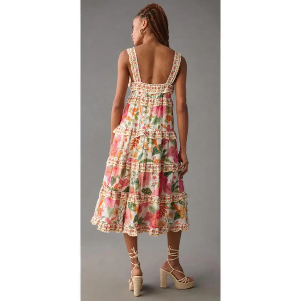 NEW, Farm Rio Square-Neck Tiered Ruffle Dress SZ L #MD1078 - Picture 9 of 11